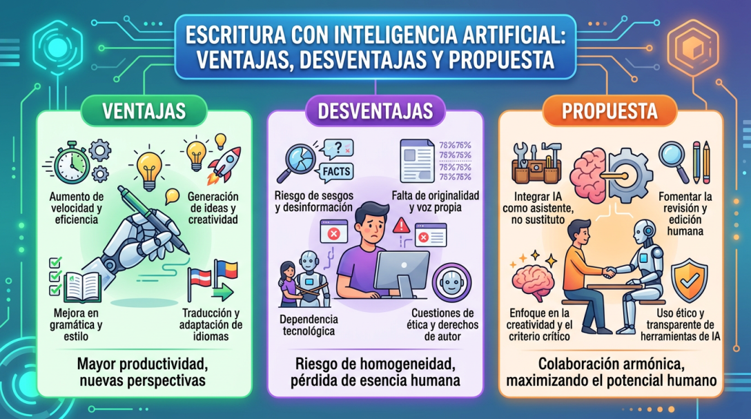 Infografía titulada “Escritura con inteligencia artificial: ventajas, desventajas y propuesta”, con tres secciones: “Ventajas”, “Desventajas” y “Propuesta”. Incluye beneficios como mayor velocidad, creatividad, mejora gramatical, traducción y productividad; riesgos como sesgos, falta de originalidad, dependencia tecnológica y cuestiones de autor; y recomendaciones de asistencia, revisión humana, criterio crítico y uso ético y transparente.