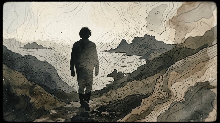 Silhouetted person facing mountains and water beneath topographic contour lines